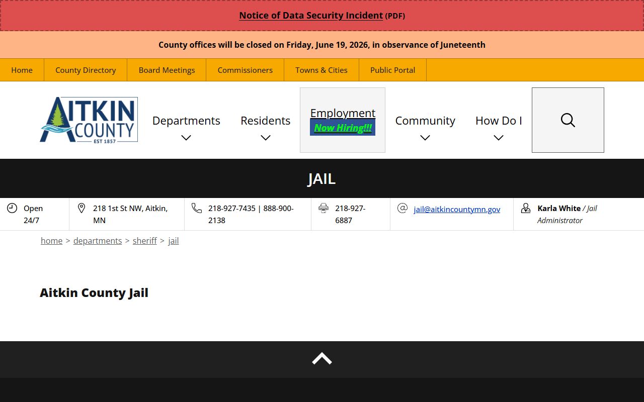 Aitkin County Jail inmate lookup page contact block and jail administrator